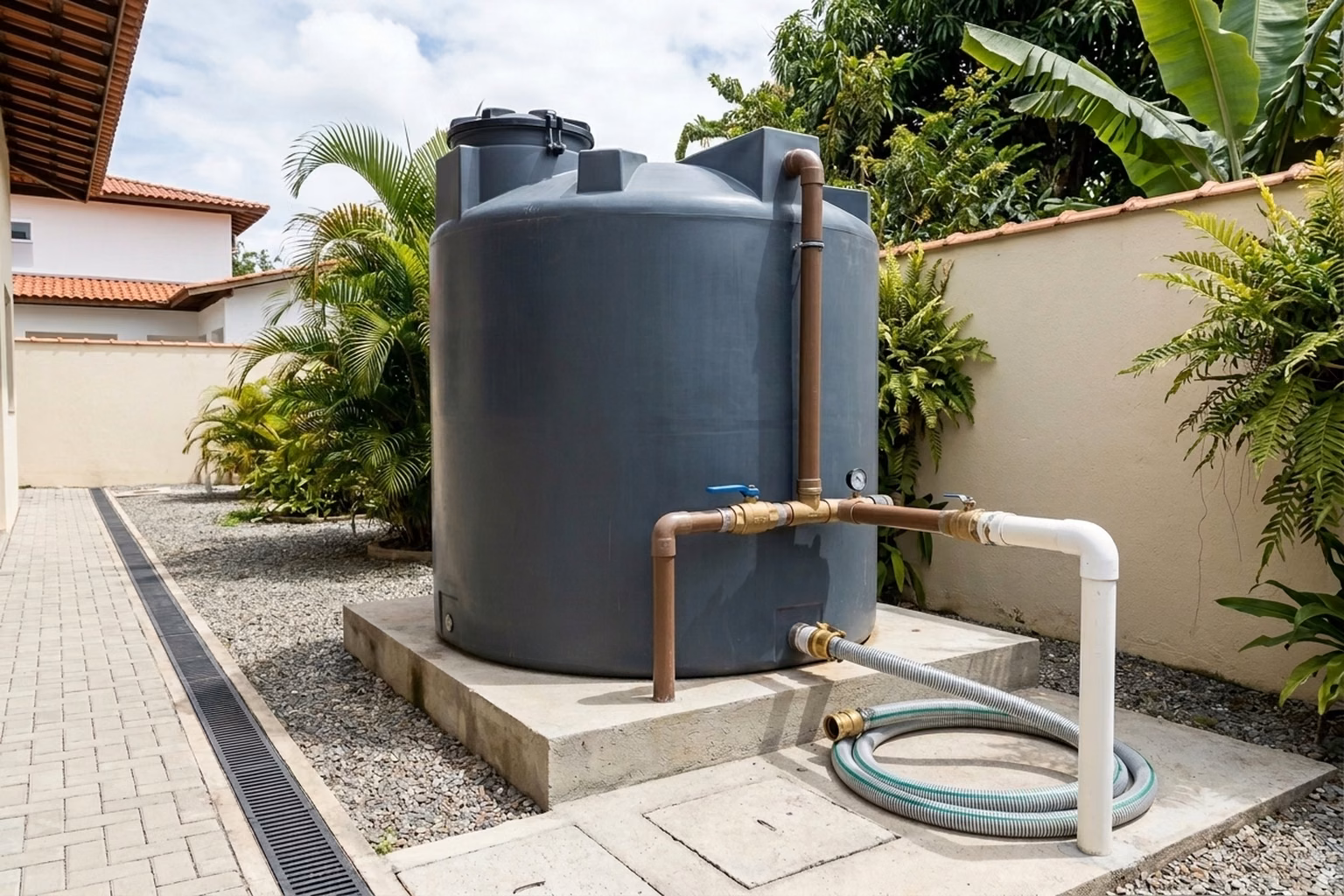 Imagem ilustrativa de reservatório fechado com tubulação e ponto externo para recebimento de água